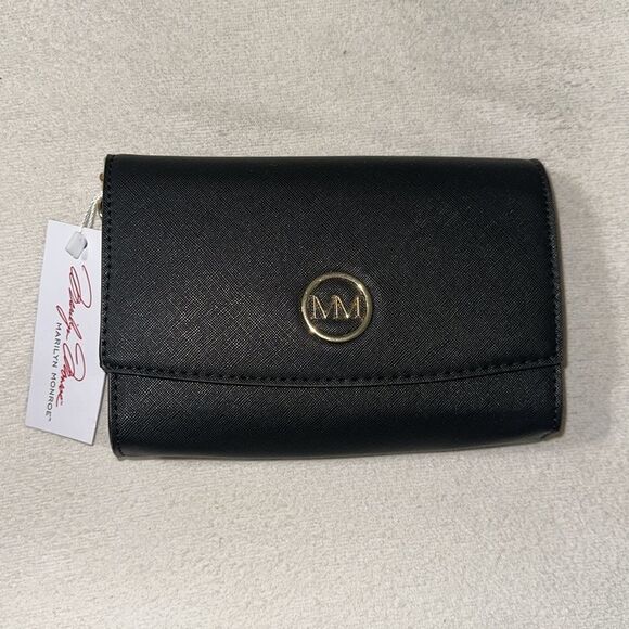 MM Black Gold Tone Hardware Red Lined Crossbody Bag Purse - Picture 9 of 11